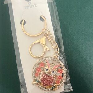 Mint Gold-Tone Pink Floral Owl Keyring Charm